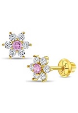 teensy-weensy gold pink cubic zirconia flower October birthstone baby earrings